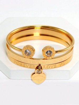 18K Gold Plated Roman Numeral Double Heart Bracelet – Elegant Waterproof Jewelry