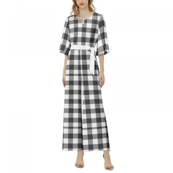 Chic Plaid Belted Wide-Leg Jumpsuit – Elegant & Comfortable